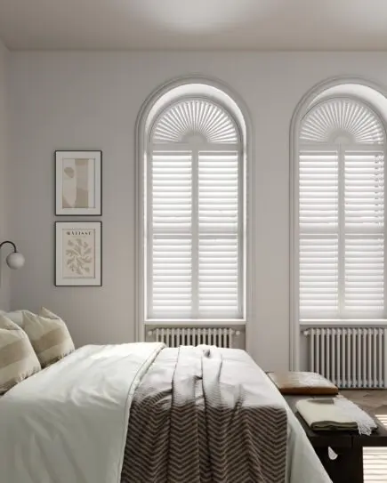 White special shaped shutters in gorgeous white bedroom