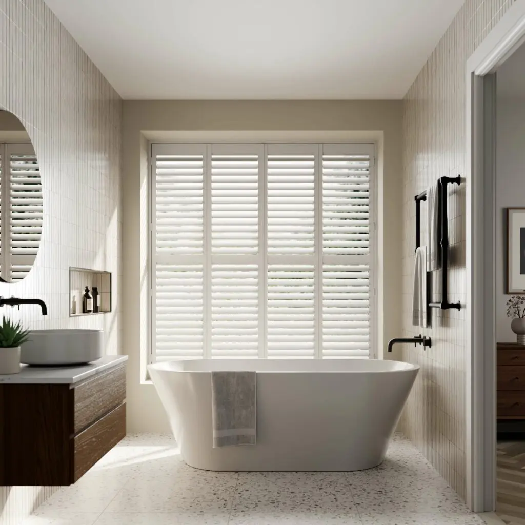 white bathroom window shutters