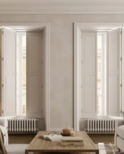 Full height solid panel window shutters in living room