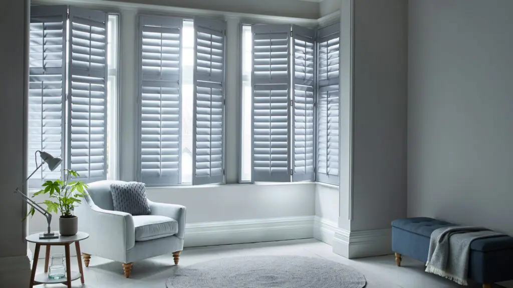 full height grey living room shutters