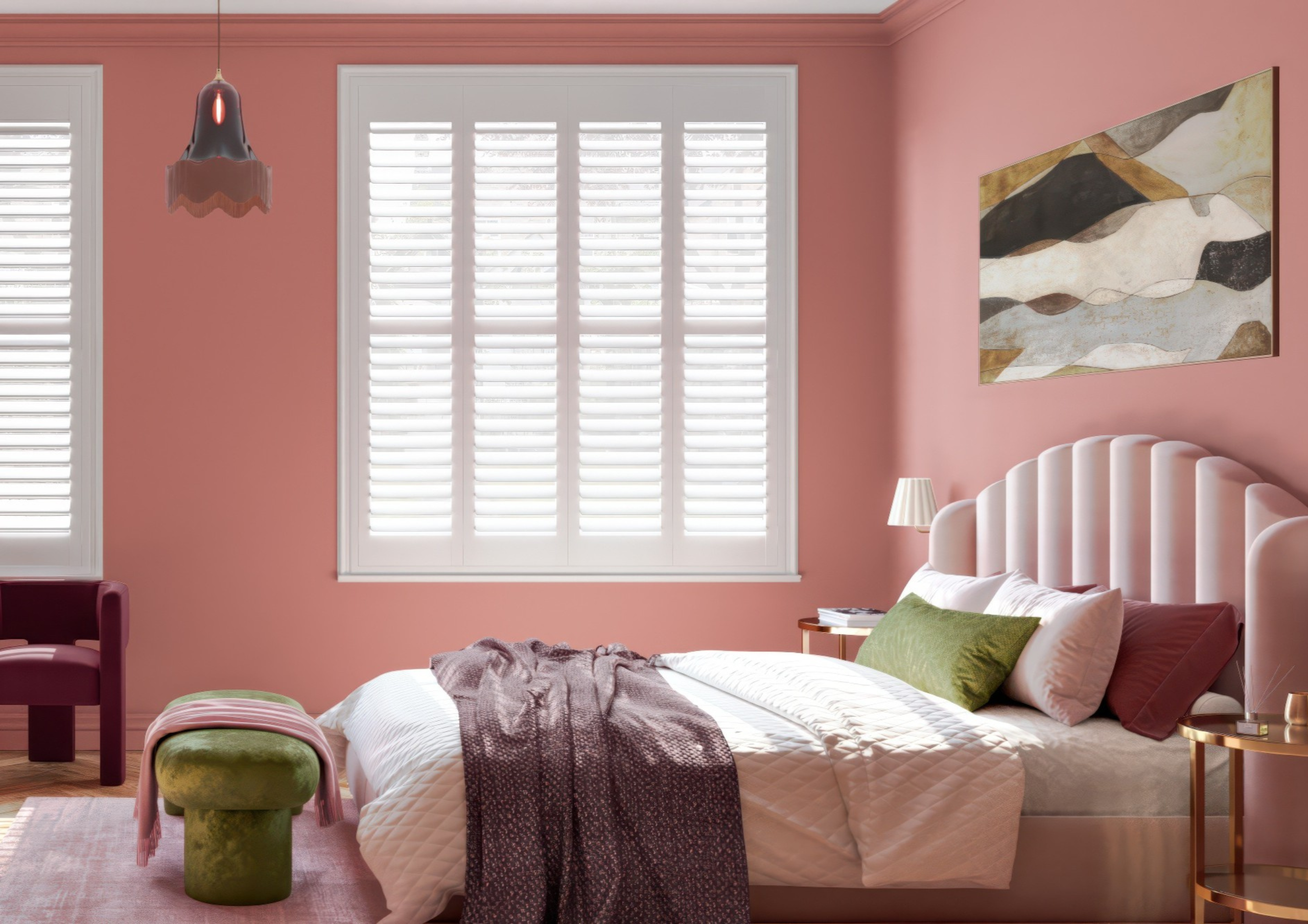 White full height shutters in modern stylish pink bedroom