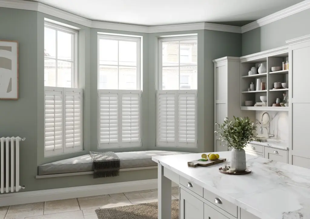 White tier on tier living room shutters