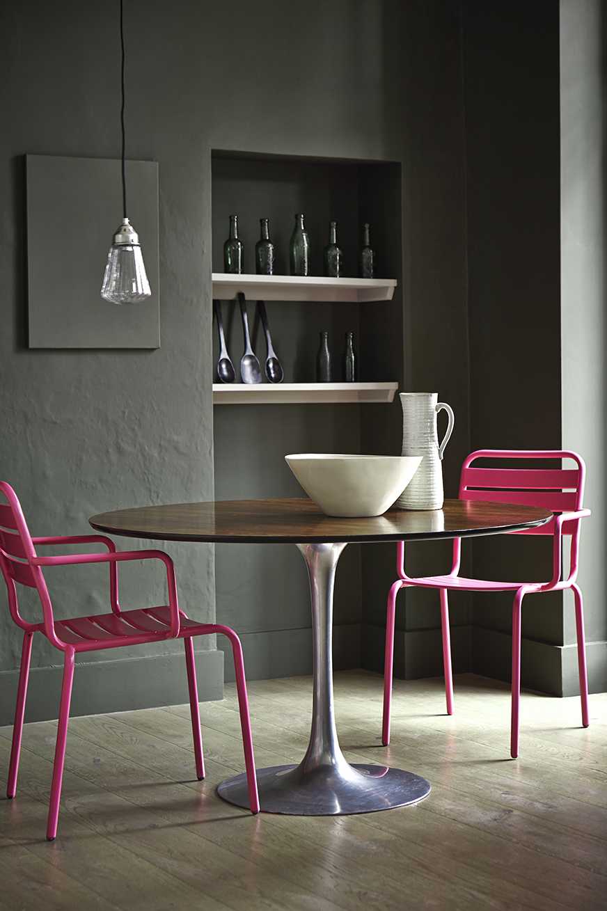 Red kitchen chairs and dining brown table