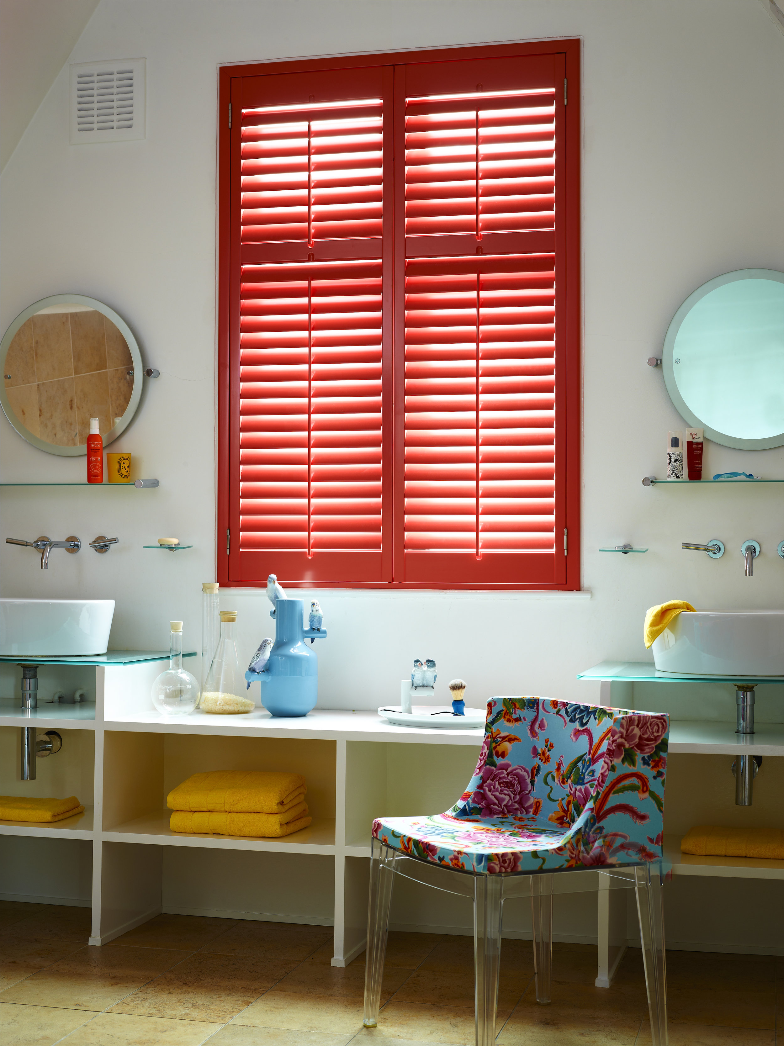 coral shutters in bathroom by shutterly fabulous