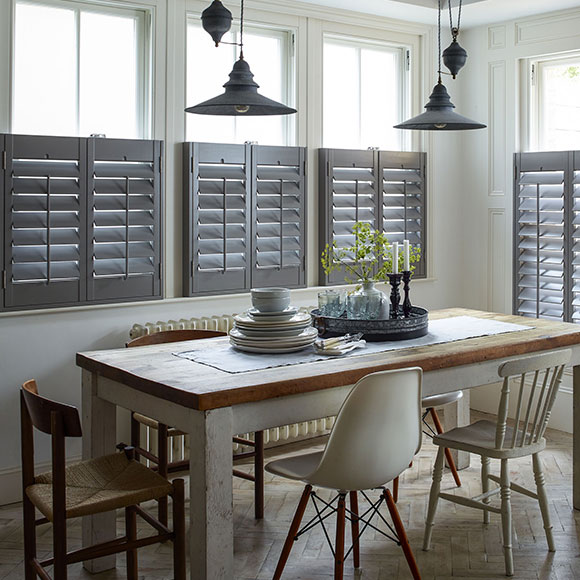 Grey cafe style shutters in kitchen by Shutterly Fabulous