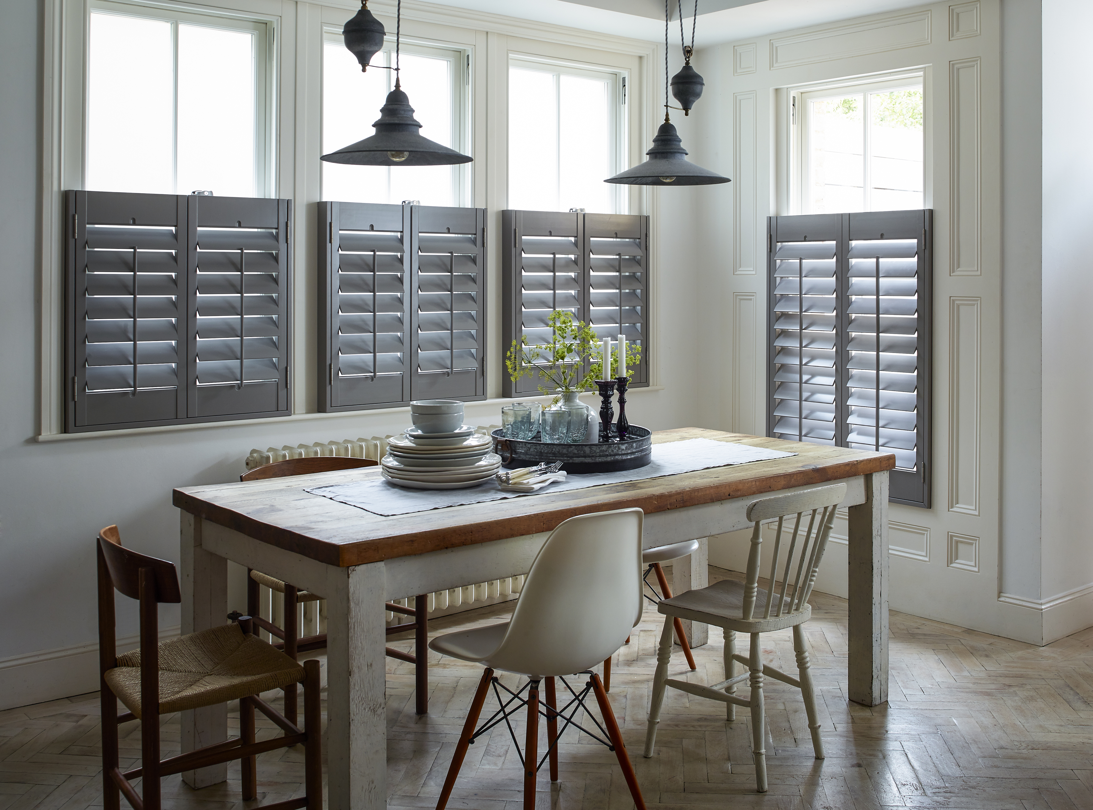 Cafe style grey shutters in modern kitchen
