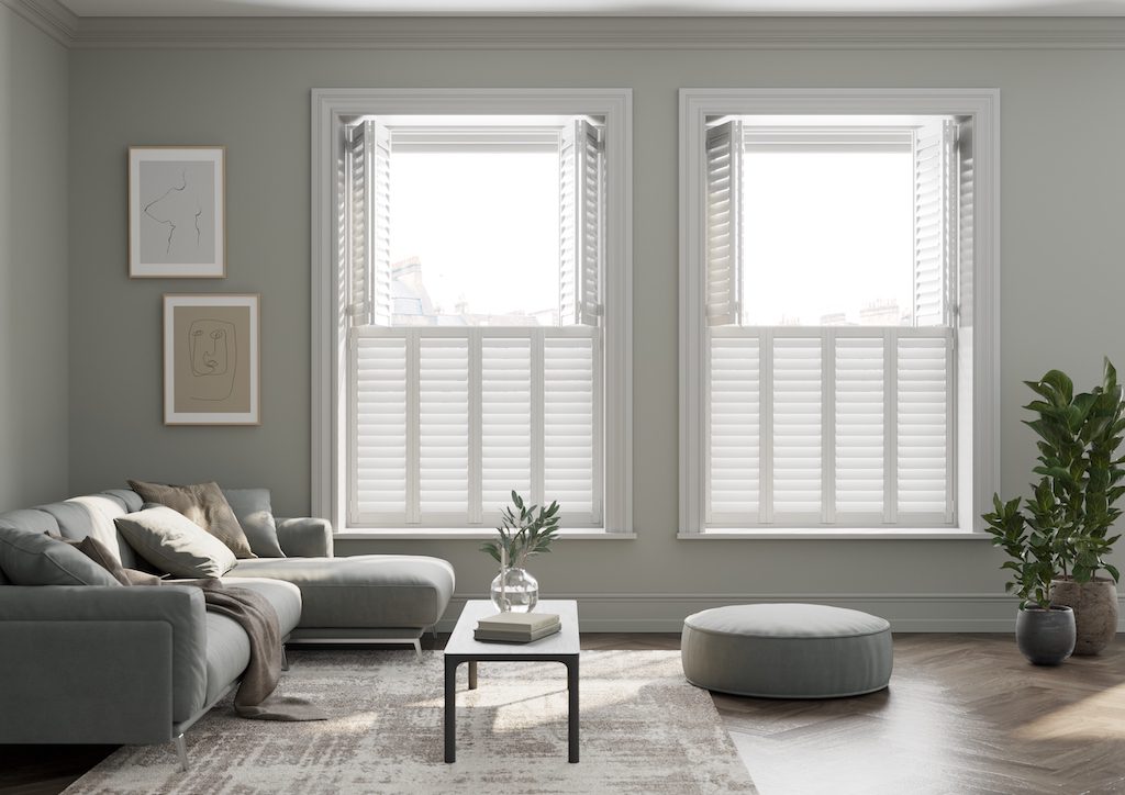 White hardwood living room shutters