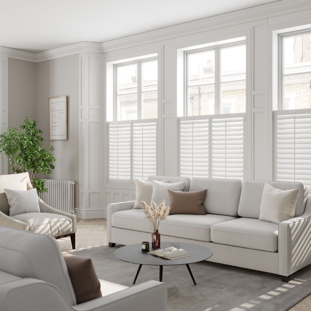 White cafe style living room shutters