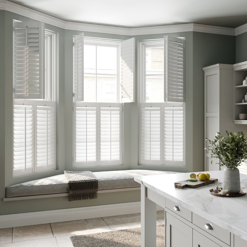 white living room shutters