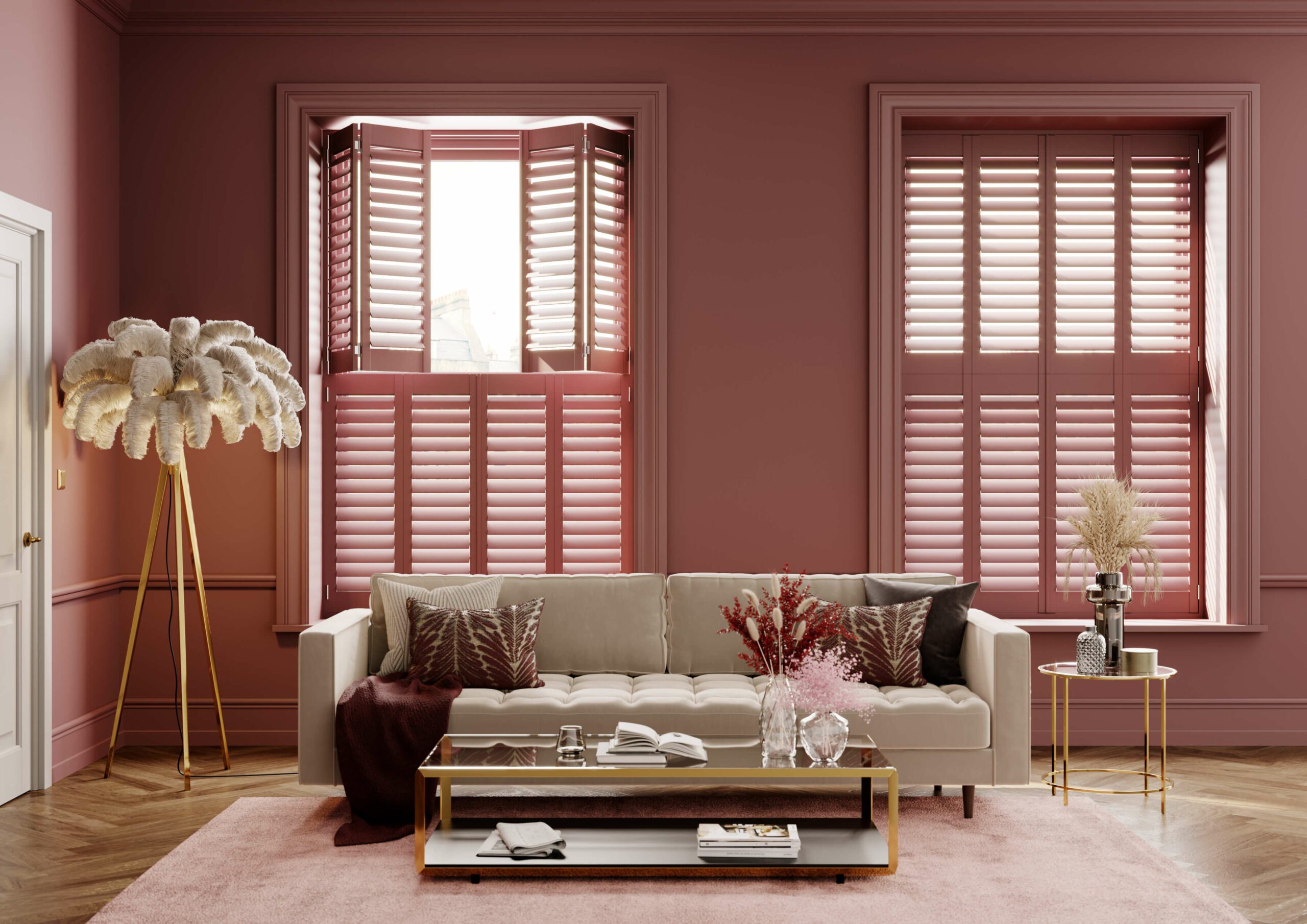 pink tier on tier living room shutters