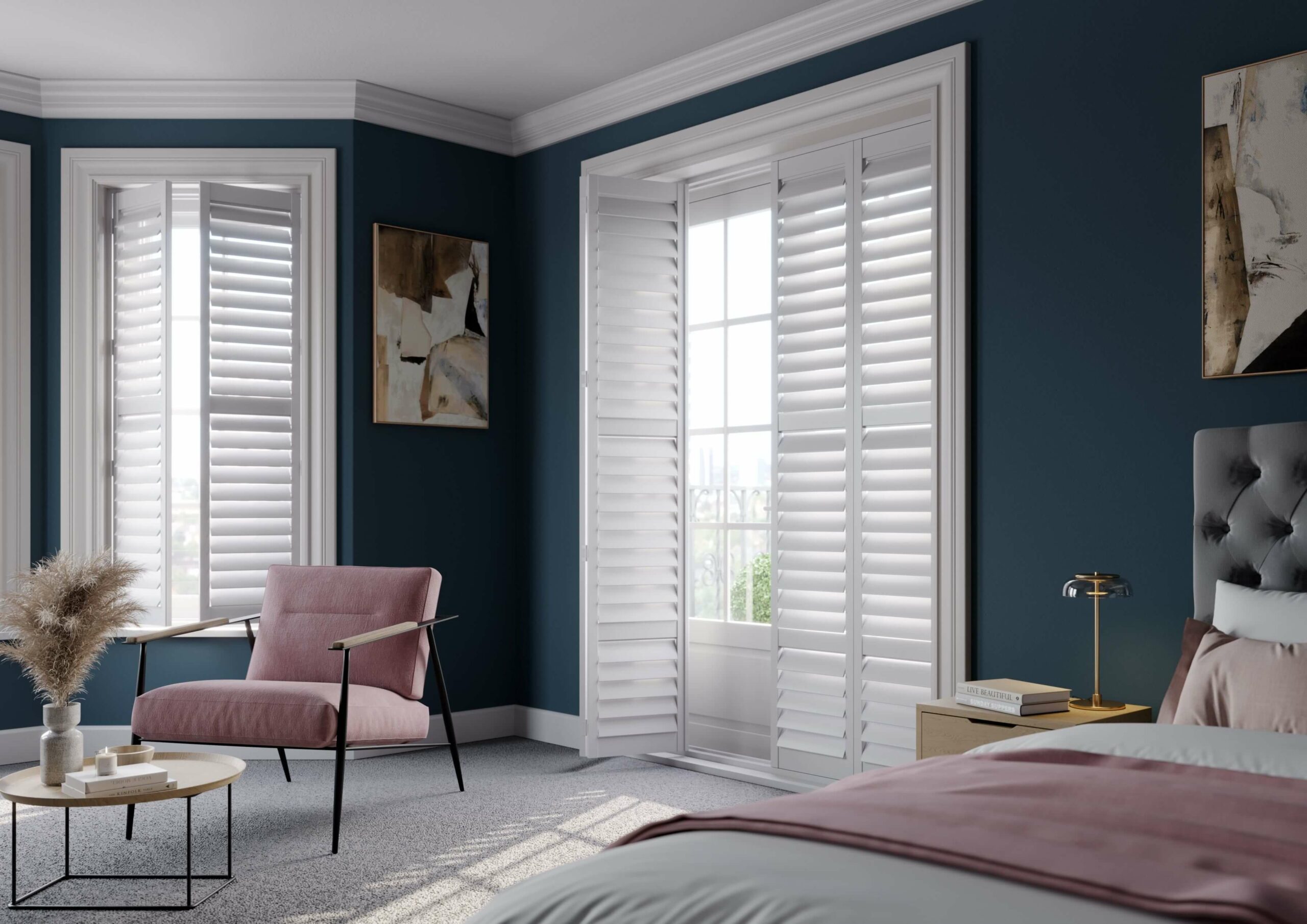 Bedroom with full height window shutters