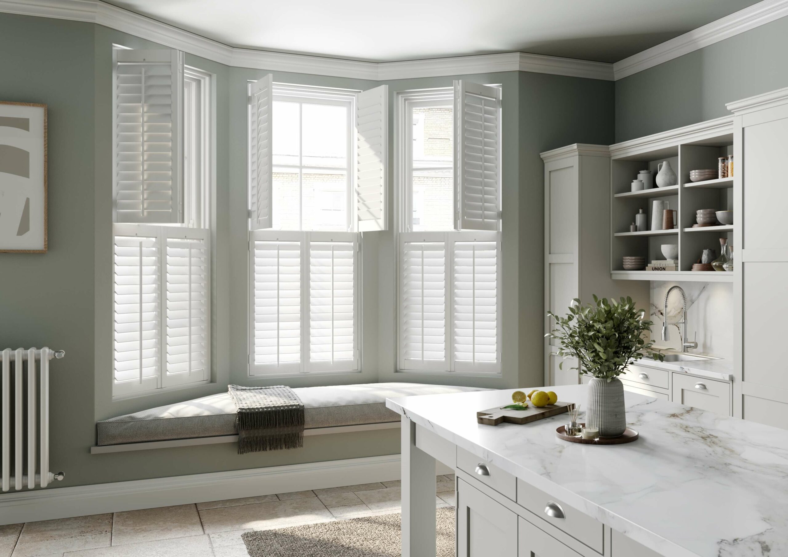 Bay window shutters in kitchen