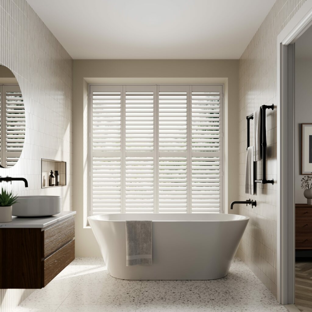 white Full height shutters on bathroom windows