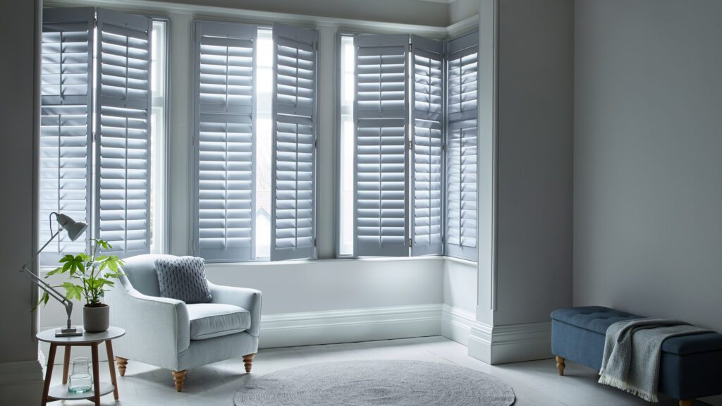 full height grey living room shutters