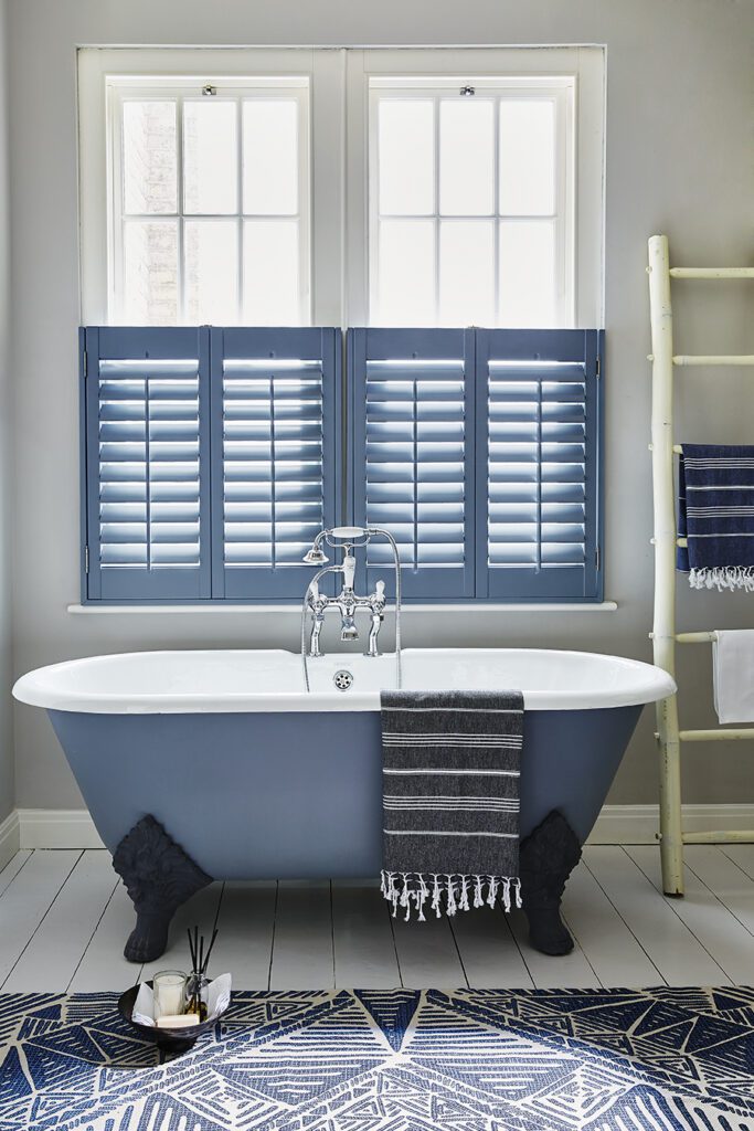 cafe style bathroom window shutters in blue