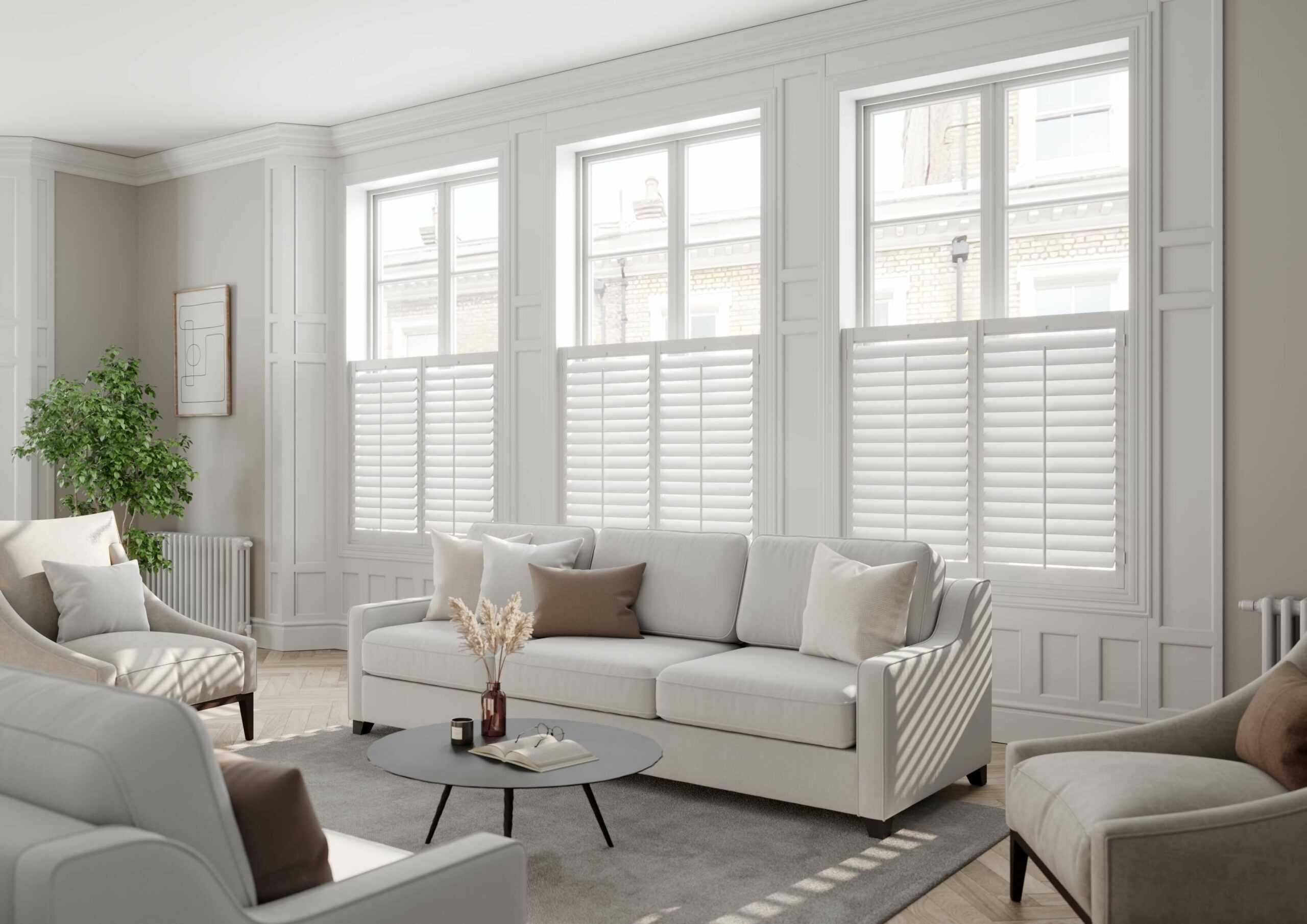 white living room cafe styleshutters on casement windows