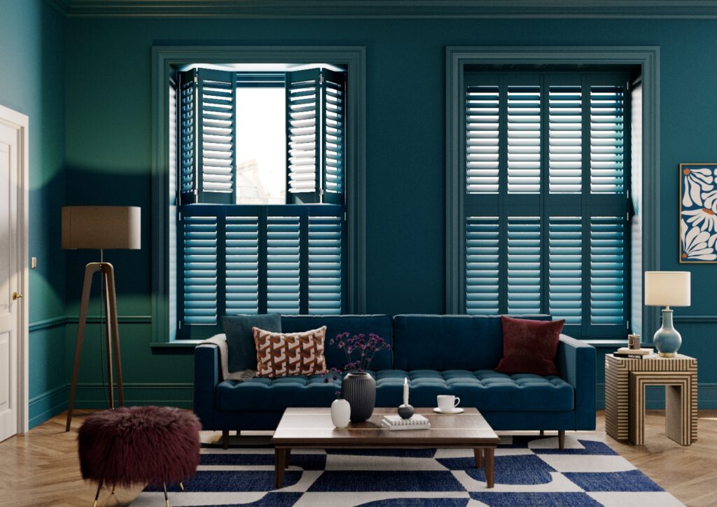 blue living room shutters